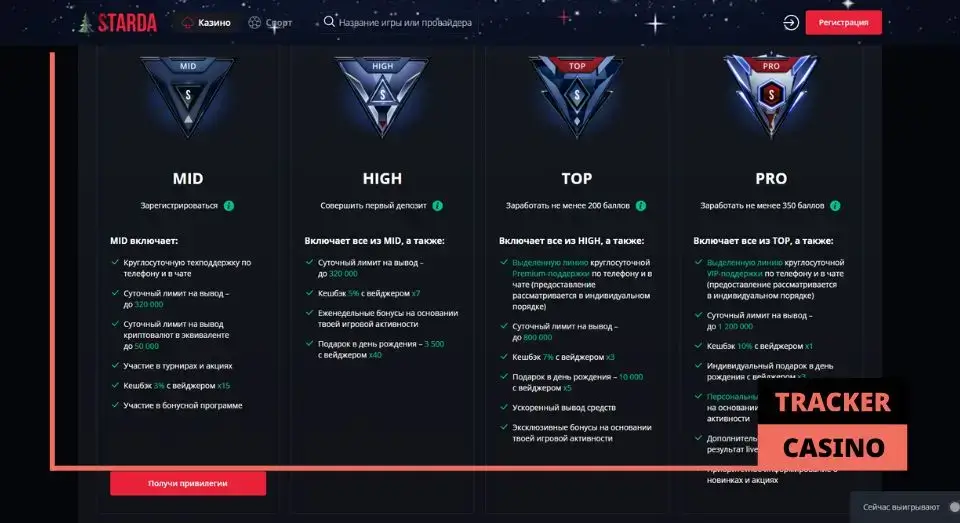 Обзор уровней программы лояльности casino Starda